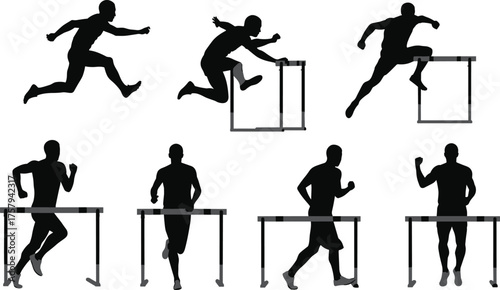 Athlete hurdling silhouettes vector set showing running, jumping, track and field sports, competition training, fitness action, race performance illustration design
