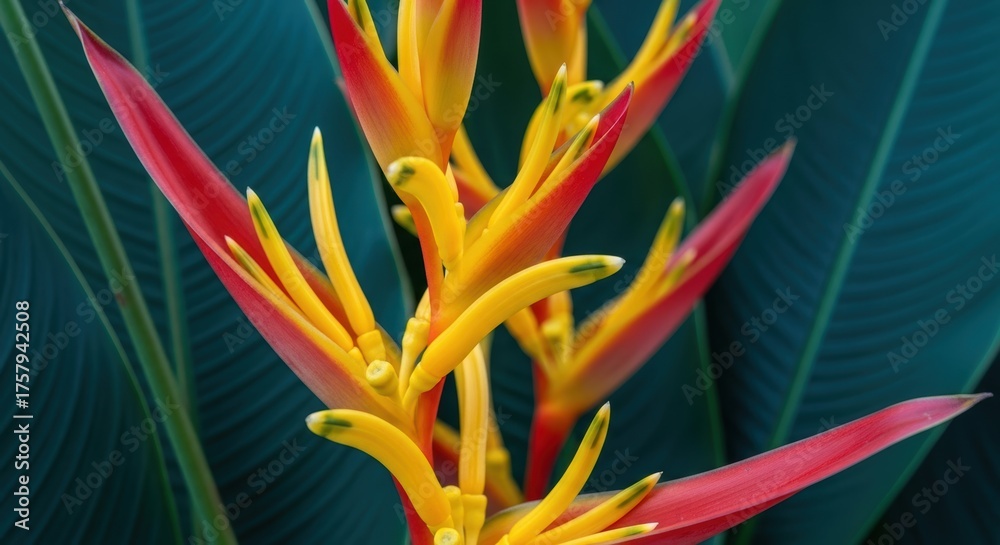 Obraz premium Vibrant Heliconia Flower Against Dark Green Foliage Background