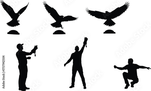 Birds of prey silhouettes with human figures photographing, holding and crouching, wildlife observation, falcon training, outdoor adventure, nature lifestyle vector illustration