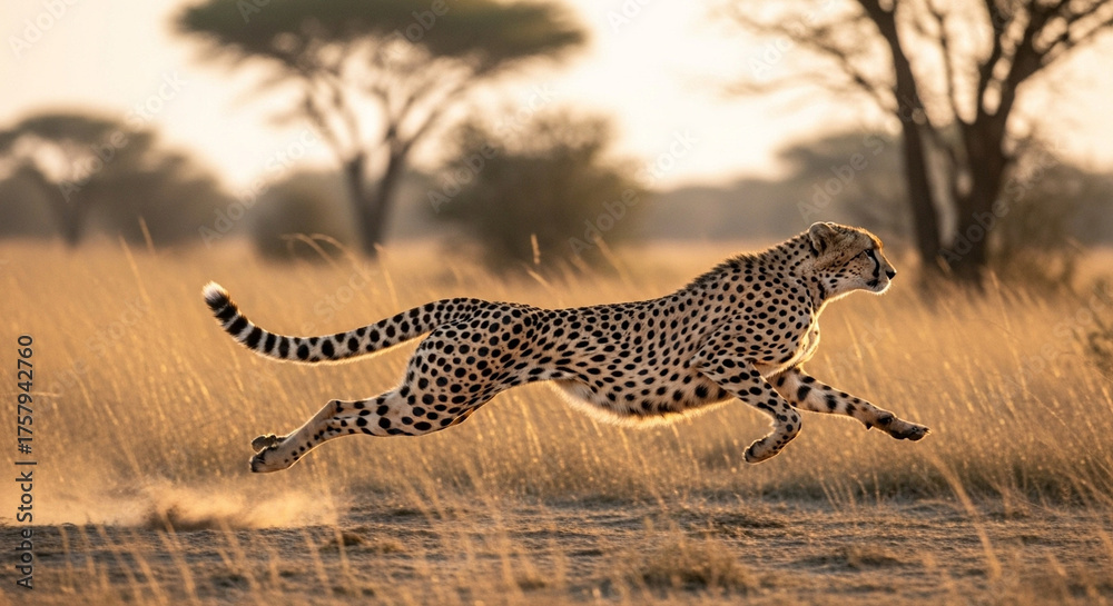 Fototapeta premium Cheetah in Motion: An exquisite cheetah sprints across the savanna, radiating raw speed, with an aura of predator prowess and captivating movement.