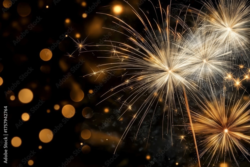 Fototapeta premium Stunning display of bright white and gold fireworks celebrating the New Year. 