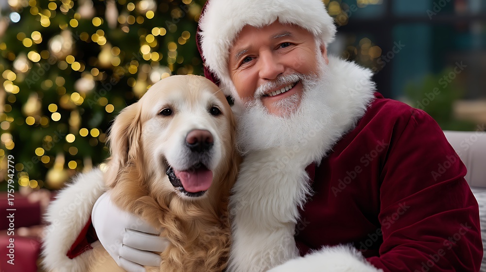 Obraz premium Joyful Santa Claus with Smiling Golden Retriever in Festive Christmas Setting