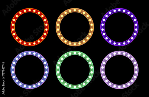 Glowing Marquee Light Frame - Isolated Round Retro Banner with Bulbs | Red Casino Circus Sign | 3D Neon Cinema Vector Design