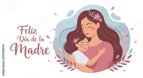 Illustration of Mother and Daughter Hugging with Flowers for Mother's Day