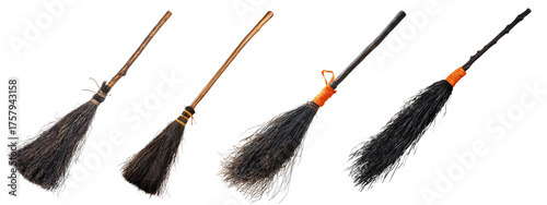 Four witch brooms with different designs and colors against a white background.