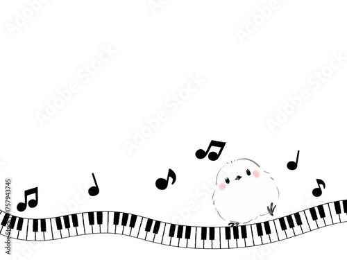 シマエナガとピアノの鍵盤のフレーム　かわいい絵本風イラスト