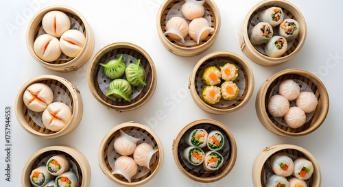 Variety of Dim Sum in Bamboo Steamer Baskets