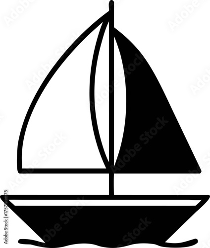 Monochrome sailboat illustration depicting a vessel with sails on the water, ideal for nautical themes, designs, or crafts, perfect for maritime projects