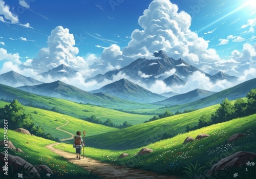 Anime style landscape with a lone traveler on a path isolated on white background