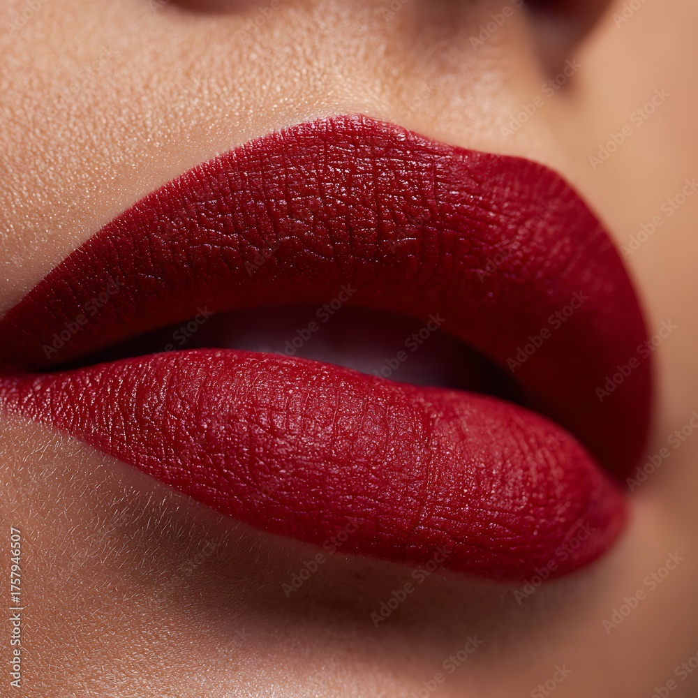 Obraz premium Close-up of lips with matte lipstick, velvet red.