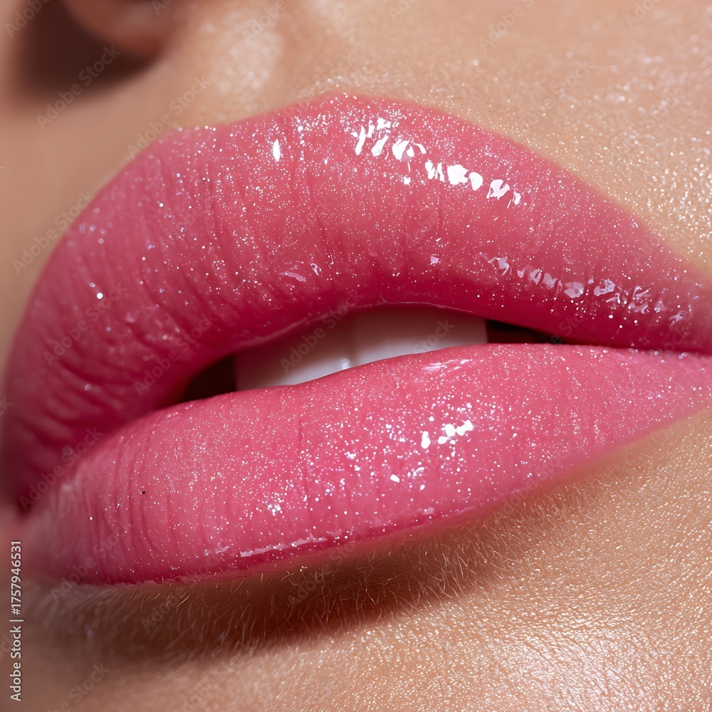 Obraz premium Close-up of pearly pink lips, emphasizing the moisture texture.