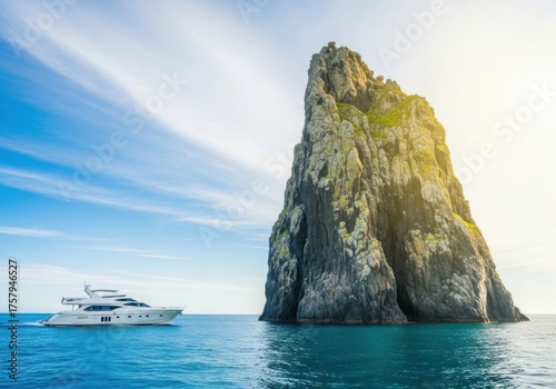 Yacht passes by a tall rock formation in the ocean isolated on white background