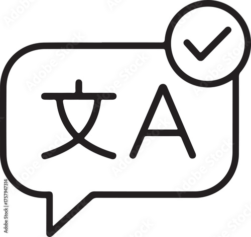 Speech bubble with asian character and latin letter a and a checkmark