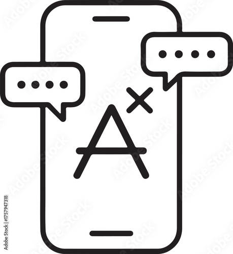 Smartphone showing language translation with speech bubbles and letter a icon