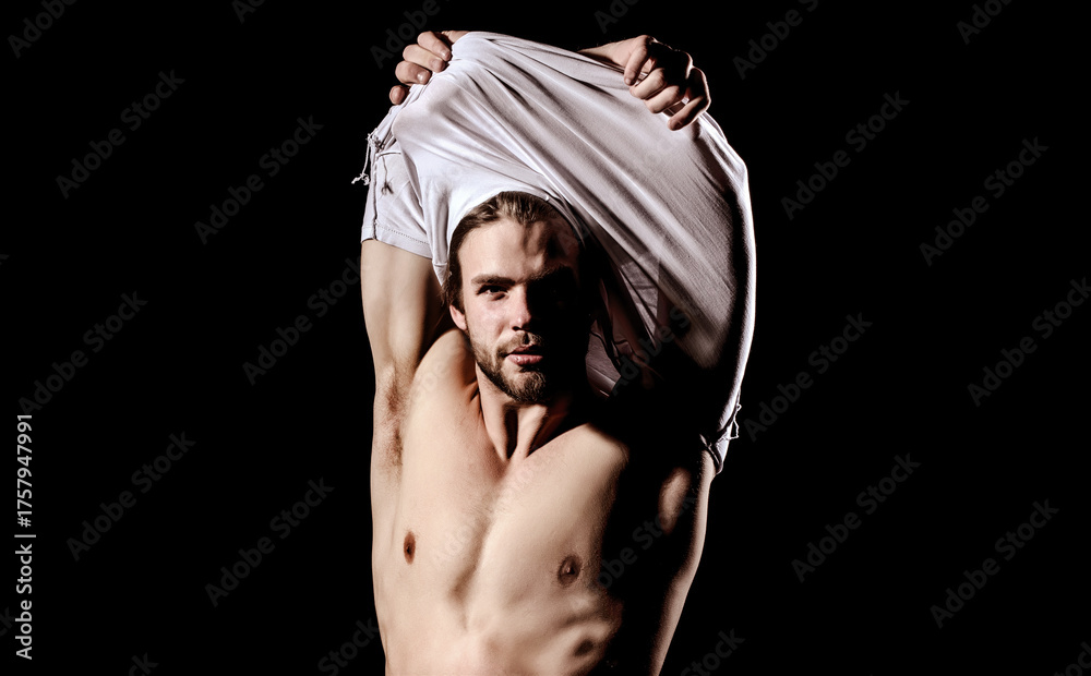 Fototapeta premium Sexy male model body, nude torso. Sexy naked man, seductive gay. Muscular shirtless man, attractive guy.