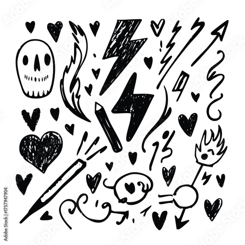 Hand Drawn Doodle Elements Collection with Hearts and Lightning Keywords: hearts, lightning bolt, skull, pencil, arrow, swirl, fire, spark, doodle, sketch
