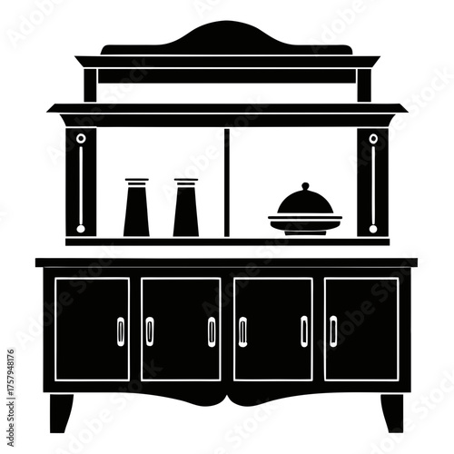 Antique buffet cabinet with dishes silhouette