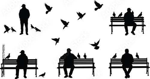 Black and white silhouette vector illustration of people sitting on benches with birds flying, perched, and interacting in peaceful park scenes
