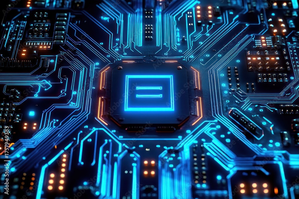 Fototapeta premium Close-up of a glowing futuristic microchip on a circuit board with blue and orange illuminated pathways showing electronic connections