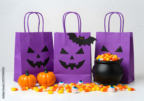 Halloween treats displayed with paper bags, pumpkins, candy corn and eyeball sweets, creating a festive and spooky autumn scene.
