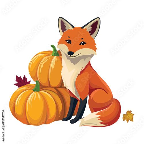 Friendly Fox Sitting Happily Next to a Trio of Large Pumpkins and Autumn Squash on a Sunny Day