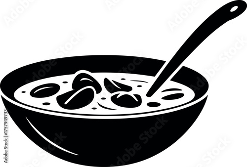 Black silhouette of hearty stew in bowl with spoon