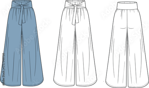 Palazzo pants fashion sketch, wide leg trousers technical drawing, front and back view, CAD flat vector illustration, apparel design