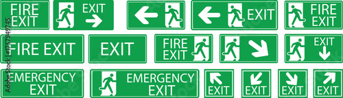 Emergency Exit Icon set. Vector illustration of running man and exit door sign. Escape and evacuation symbol. Various exit sign isolated white background.Evacuation and relocation of people to safety.