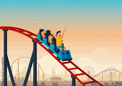 Excited Family Riding a Roller Coaster at an Amusement Park.