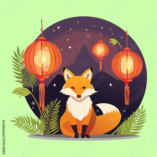 Cute Fox Character Sitting Calmly Surrounded by Traditional Red Lanterns During an Asian Night Festival