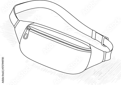 Waist bag, fanny pack, belt pouch, fashion accessory, travel gear, cad drawing flat vector illustration, technical sketch, zipper detail