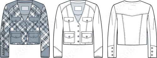 Women's jacket fashion sketch, technical flat design, cad drawing, vector illustration, outerwear template, garment construction, apparel design, front and back view