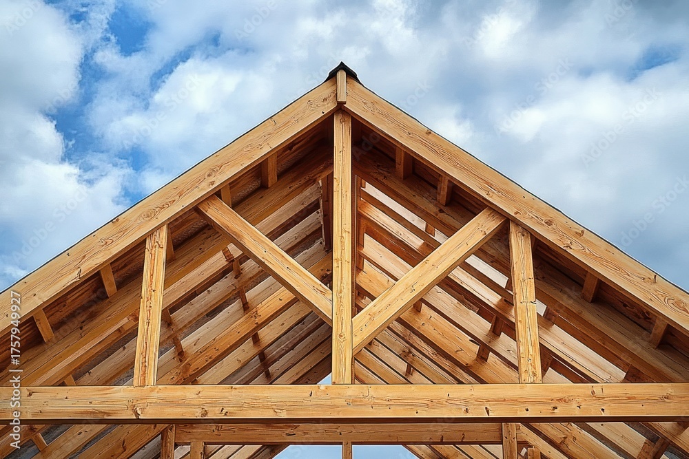 Fototapeta premium Close-up view of wooden roof frame structure under construction against partly cloudy sky