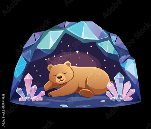 Brown Bear Sleeping on a Rock Inside a Dark Blue Crystal Ice Cave with Glowing Light