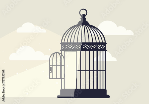 Elegant birdcage illustration with decorative design and small door artistic concept.