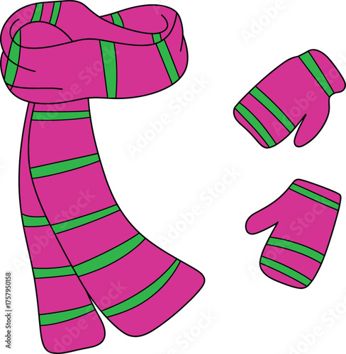 Winter scarf and mittens, pink green striped accessories, seasonal fashion, cozy clothing, cold weather gear, cad drawing flat vector illustration