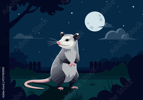 A cute possum standing upright in a nighttime scene under the moon.