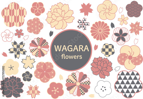 和柄の花素材セット（ピンク、黄色、灰色）