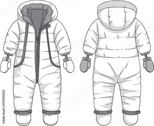 Baby snowsuit technical flat, winter infant clothing front back view, hooded suit with mittens boots, cad drawing flat vector illustration