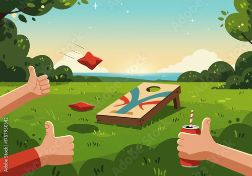 Cornhole game with bean bags and thumbs up in a park setting.