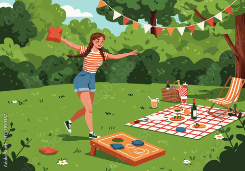Woman throwing bean bag at cornhole board during picnic in park.