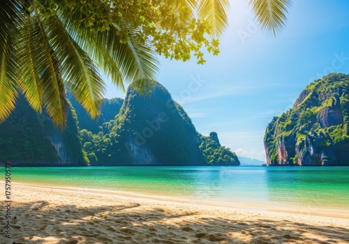 Tropical beach paradise with palm trees and limestone cliffs isolated on white background