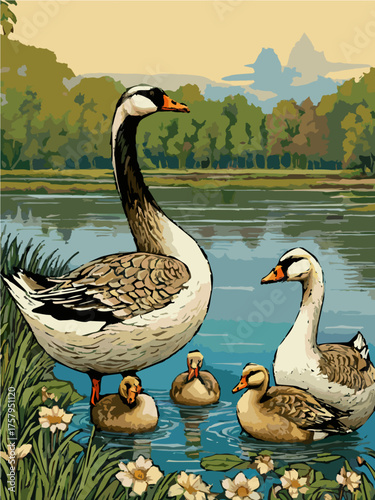 Geese walking across grassy riverside field