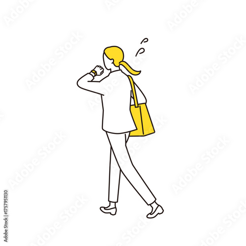 時間を気にしながら走るスーツの女性の線画イラスト