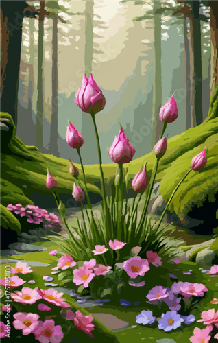 Pink wildflowers blooming in forest shade