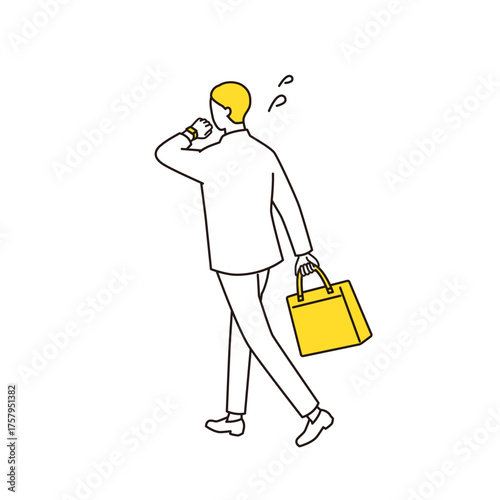 時間を気にしながら走るスーツの男性の線画イラスト