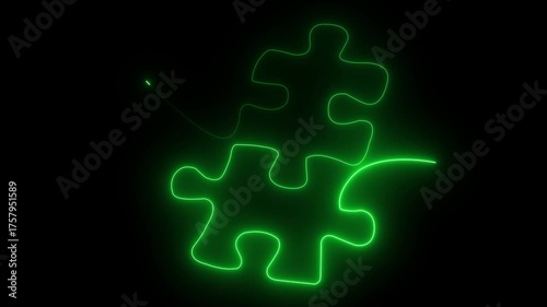 Abstract neon glowing one line Puzzle pieces continuous. Problem solving and solution business metaphor.Jigsaw puzzle piece flat icon for apps and websites.