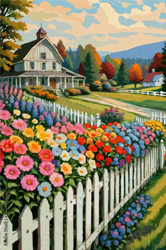 White fence beside blooming flower garden