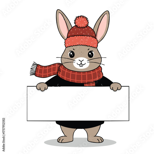 Vibrant vector illustration of an energetic rabbit wearing a cozy plaid scarf and a fuzzy winter pom-pom hat, proudly holding a blank festive announcement banner against a clean white background.