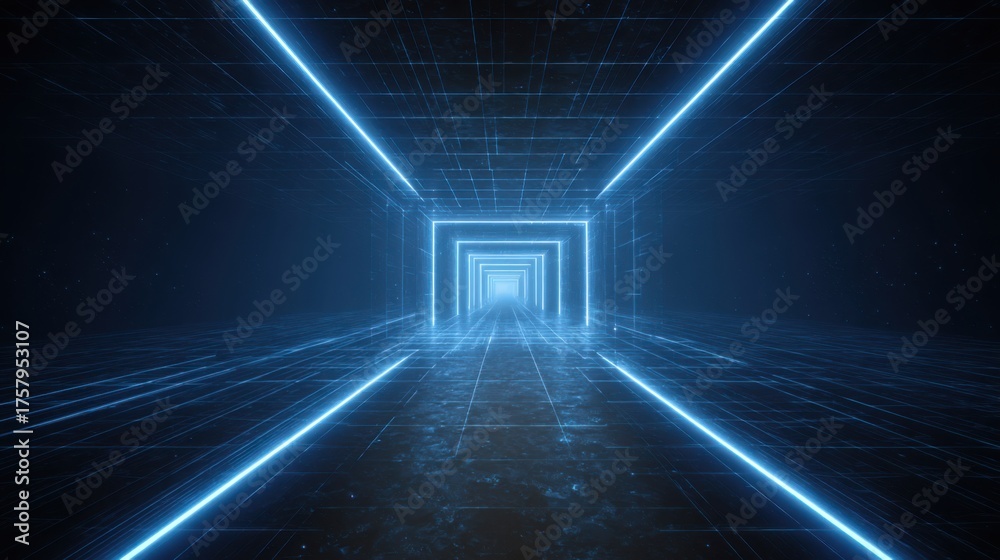 Naklejka premium Endless Geometric Virtual Reality Corridor Glowing Blue Wireframe Light Stripes Perspective Tunnel Background Abstract Cyber Space